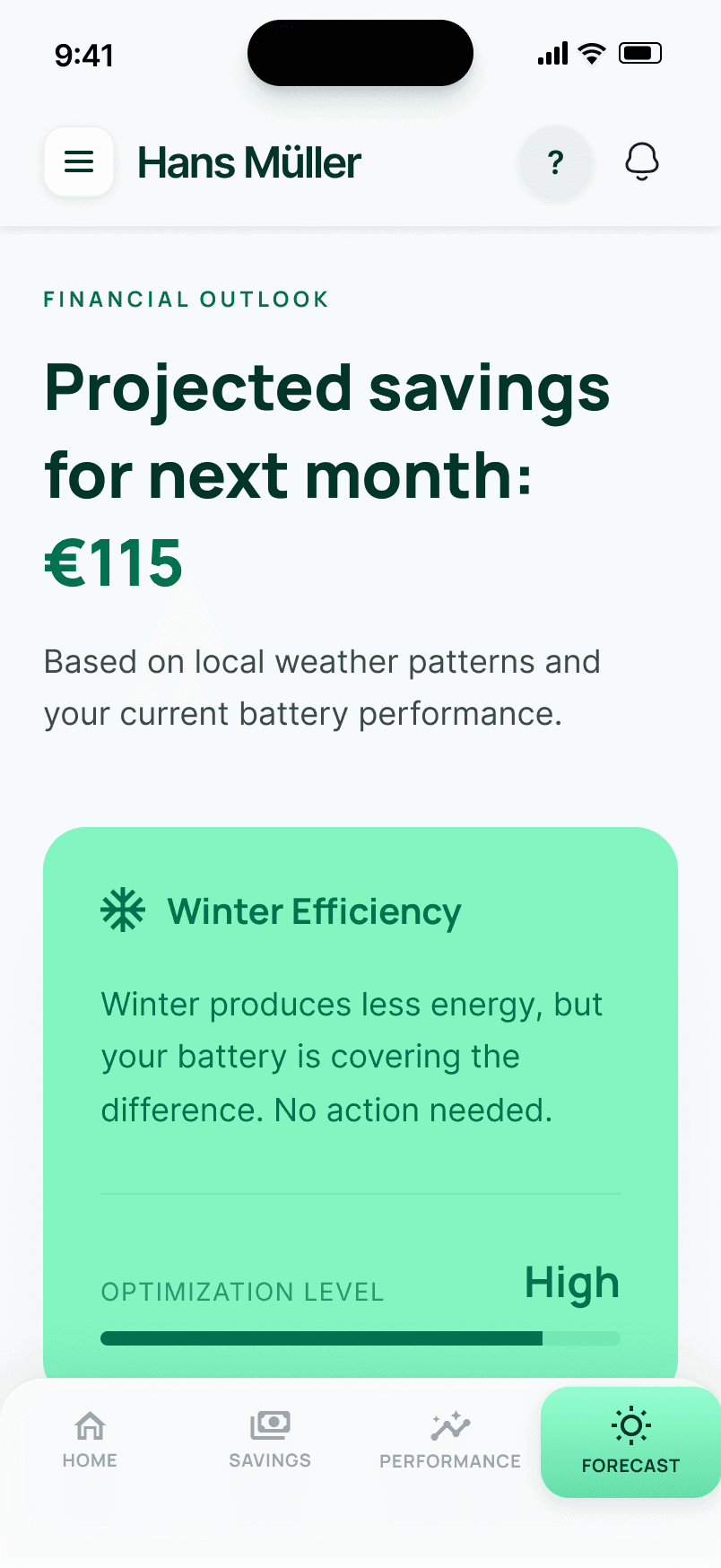 Forecast screen showing projected €115 savings