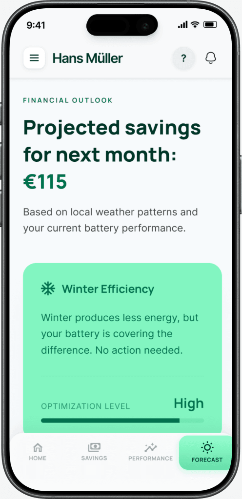 Forecast screen — Projected €115 savings next month with Winter Efficiency context