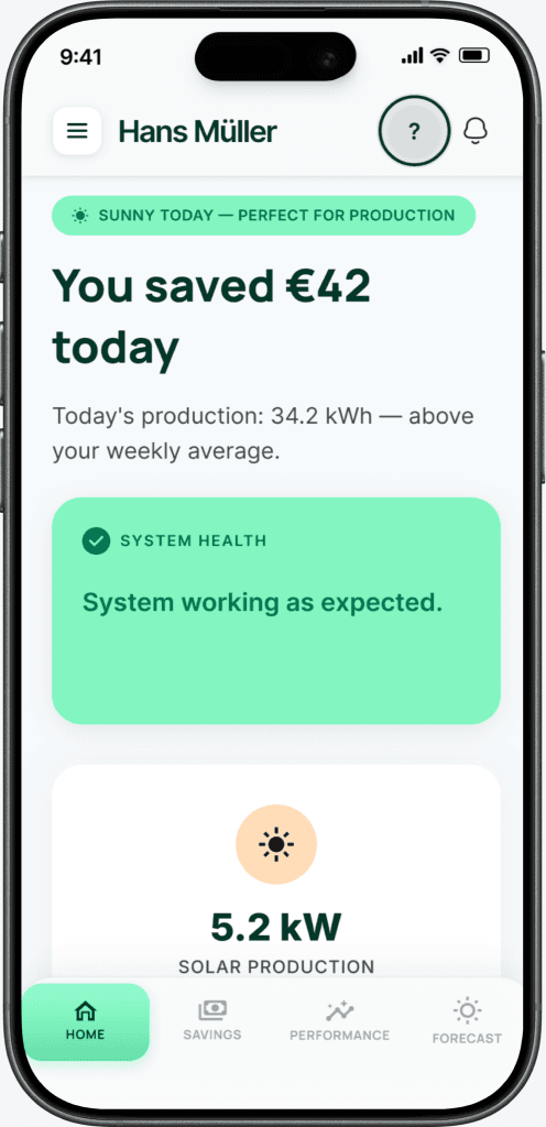 Home screen — You saved €42 today, system working as expected