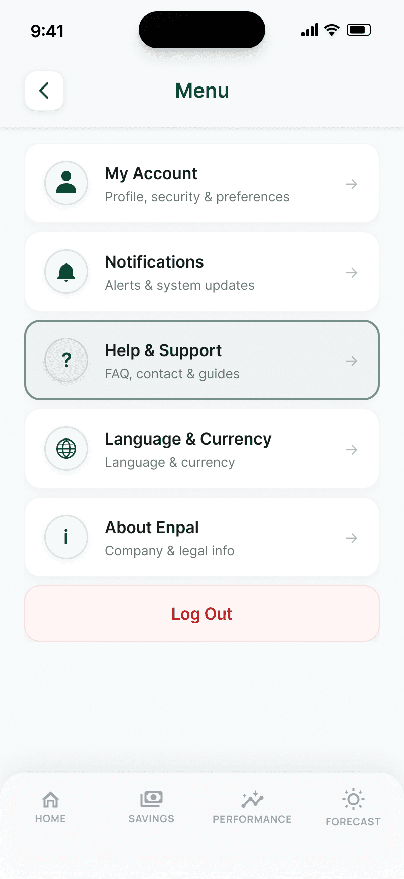 Menu with Help & Support row highlighted