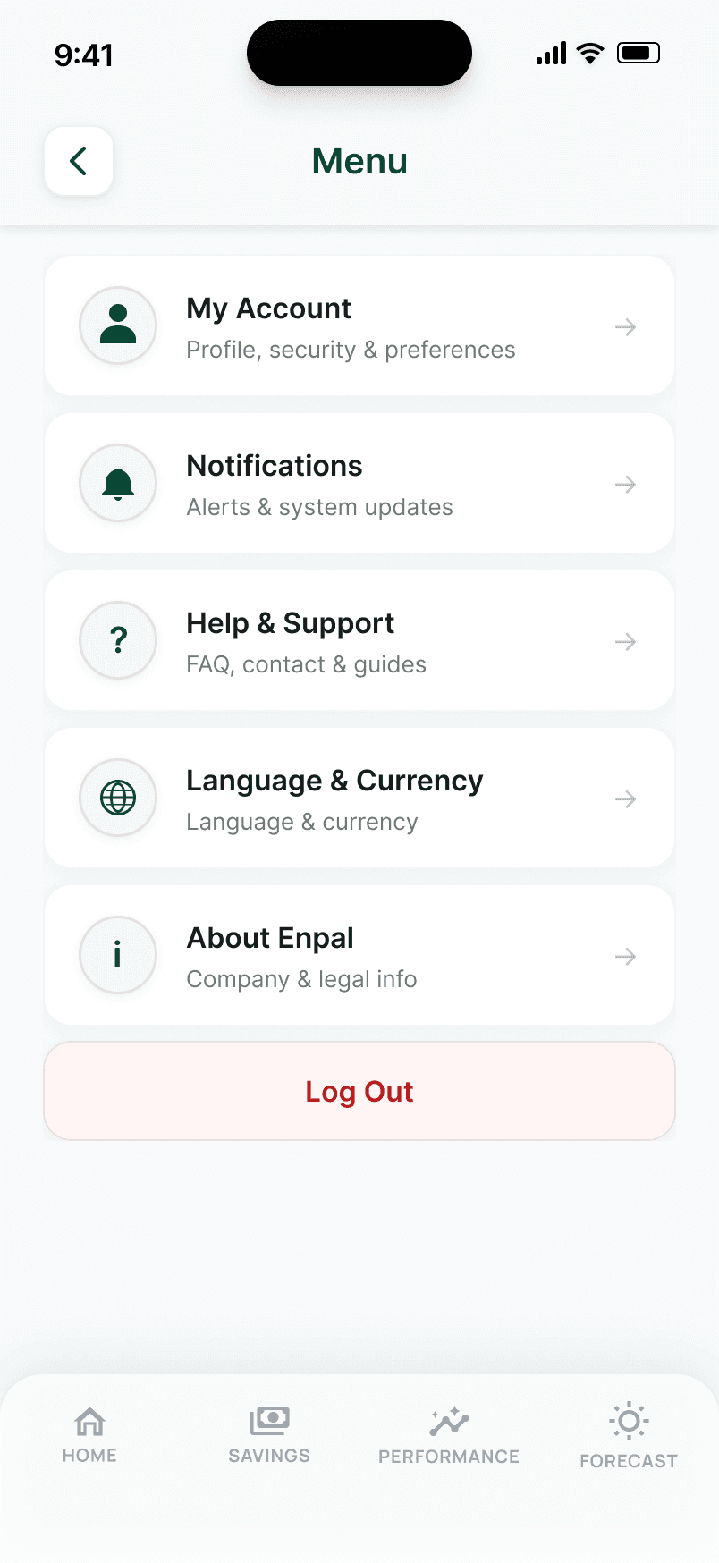 Menu page with 6 labeled items