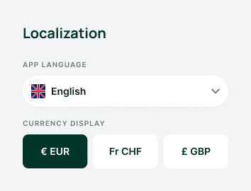 Localization section — App Language (English) and Currency Display toggle (EUR, CHF, GBP)
