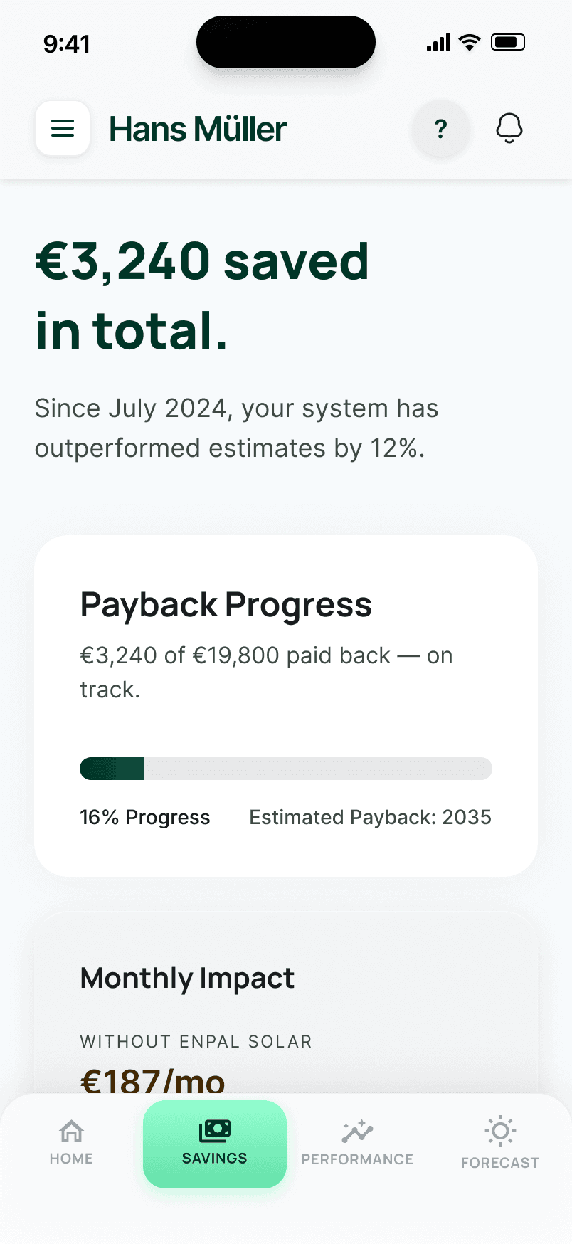 Savings screen with payback progress bar and monthly comparison